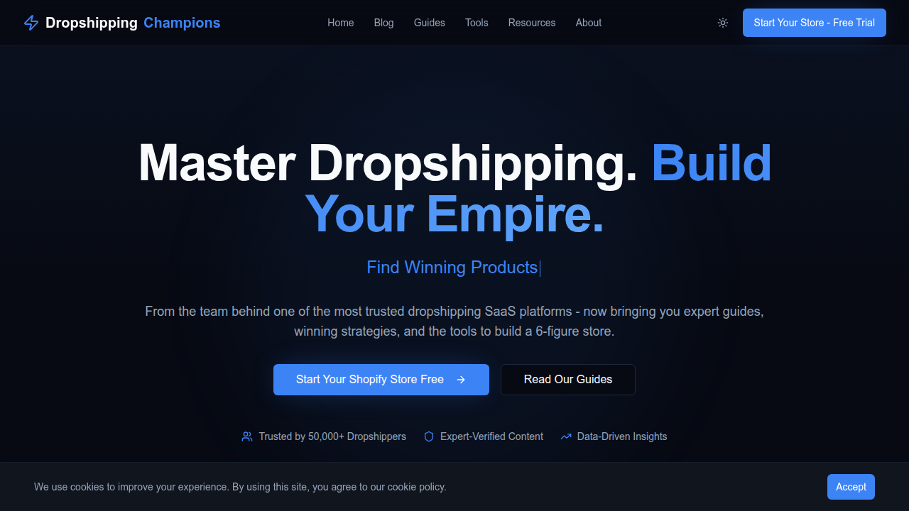 Strona główna dropshippingchampions.com, portalu dostarczającego informacje o sprawdzonych dostawcach dropshippingowych, kluczowego dla wyboru wiarygodnych partnerów.