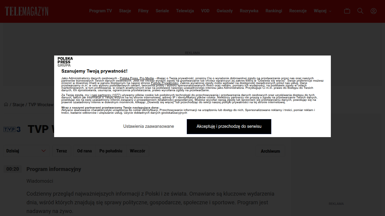 Fragment strony Telemagazyn.pl, prezentujący program TVP3 Wrocław i dostępność szczegółowych prognoz pogodowych dla Dolnego Śląska.