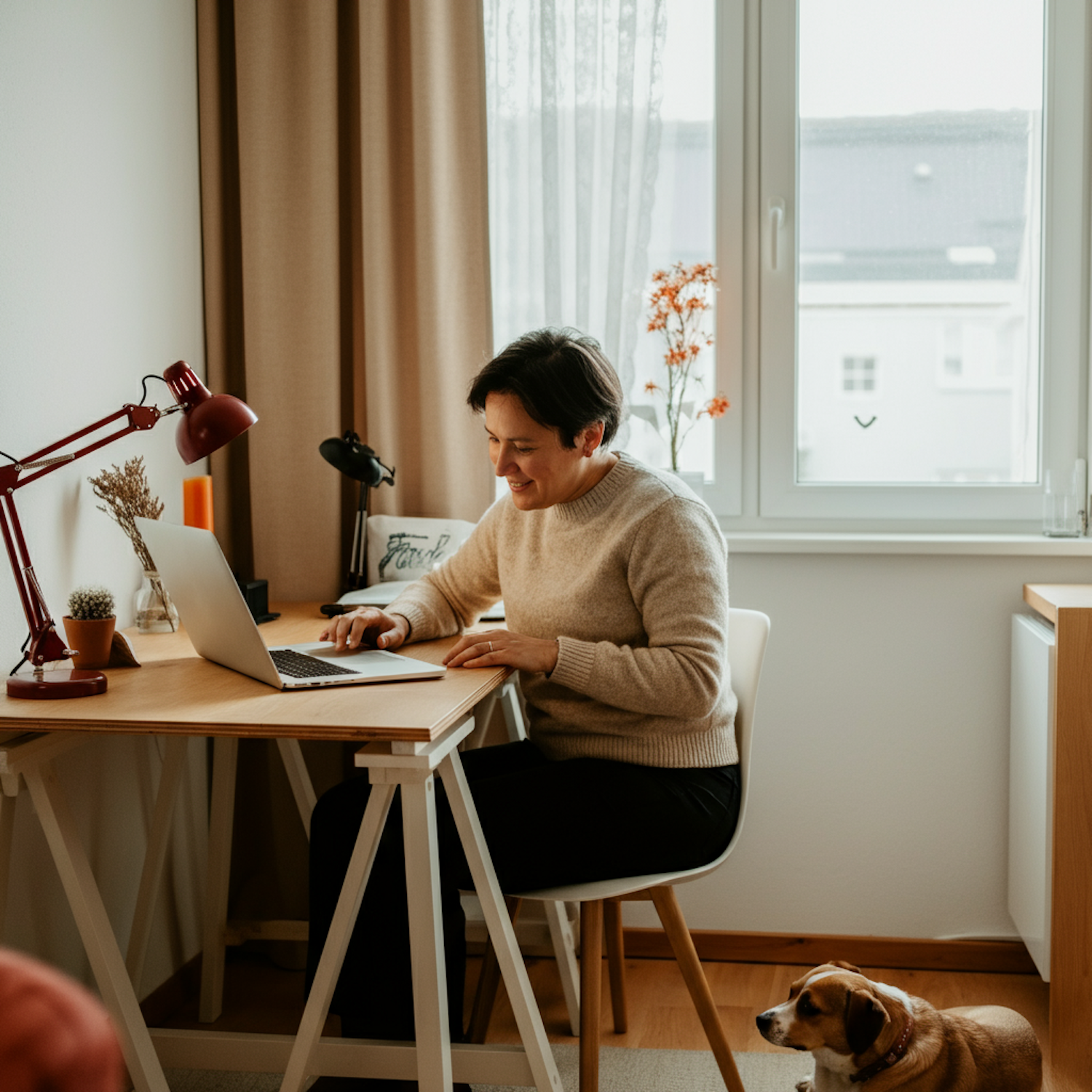Przedsiębiorca online pracuje z domu, planując przyszłe inwestycje w nieruchomości, takie jak własny dom w Lubinie.