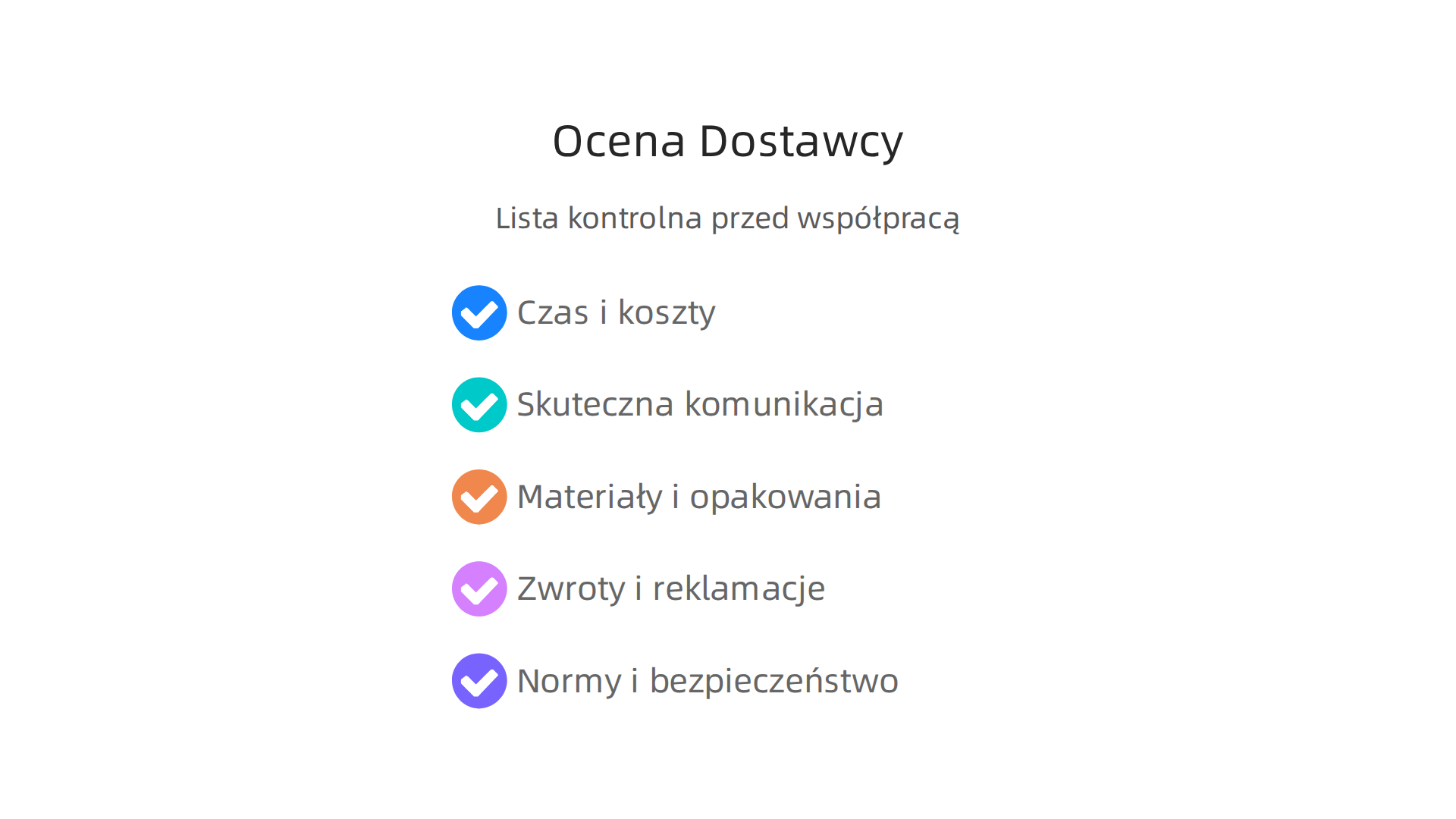 Infografika przedstawiająca pięć kluczowych kryteriów do oceny wiarygodnych dostawców dropshippingu: czas i koszty wysyłki, skuteczna komunikacja, jakość materiałów i opakowań, polityka zwrotów i reklamacji oraz zgodność z normami i bezpieczeństwem.