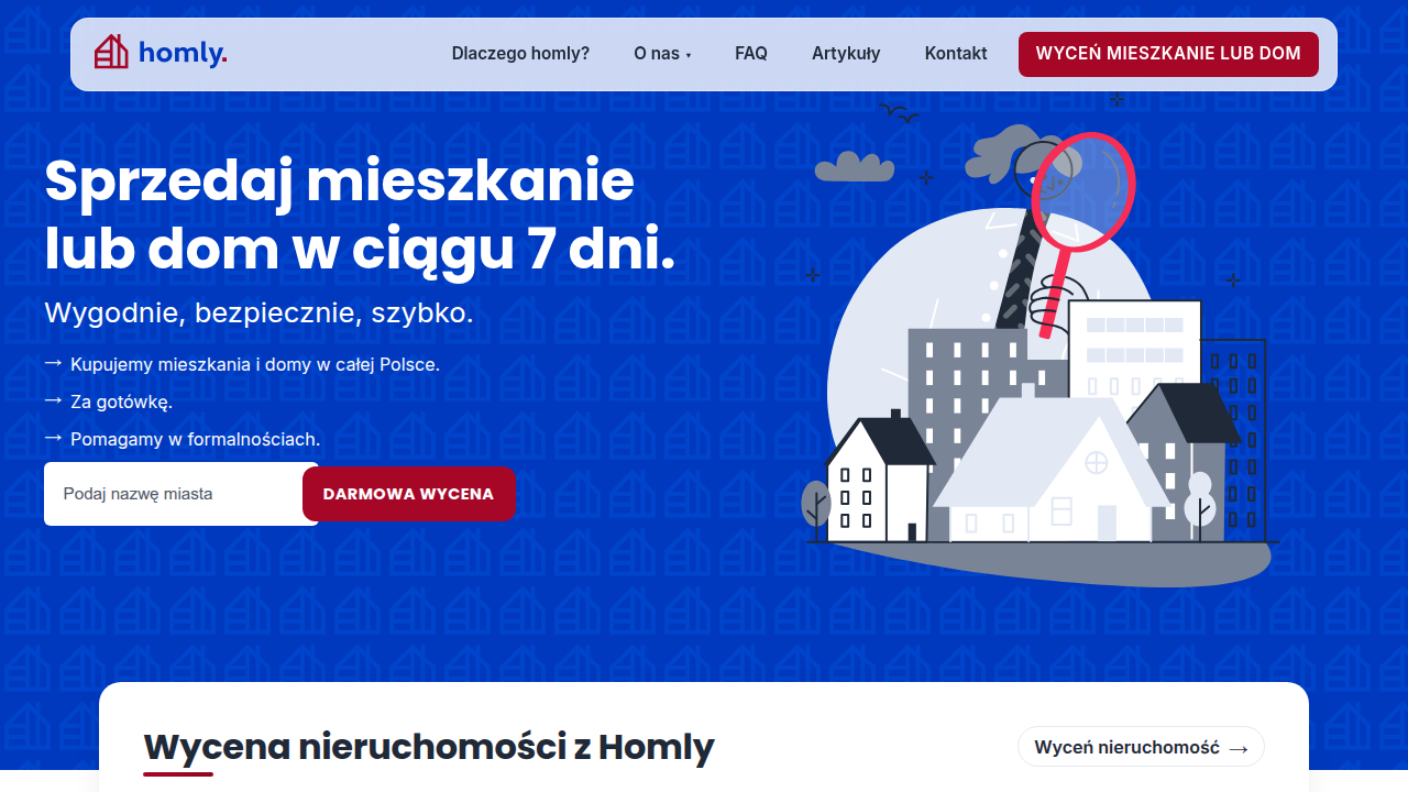 Zrzut ekranu przedstawiający stronę główną portalu Homly.to, miejsca gdzie można sprawdzić aktualne raporty cen mieszkań, w tym dla Siedlec.