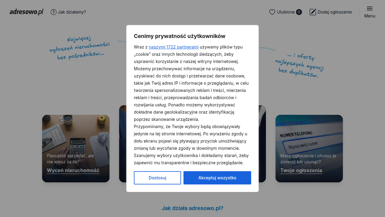 Zrzut ekranu strony głównej Adresowo.pl, portalu oferującego dane o cenach nieruchomości, przydatnego do analizy rynku mieszkań w Siedlcach.