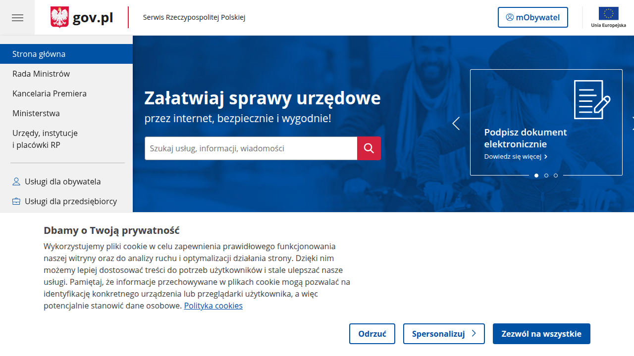 Zrzut ekranu ze strony głównej Gov.pl, rządu Polski, z której można znaleźć informacje o programach wsparcia, takich jak 'Mieszkanie bez wkładu własnego'.