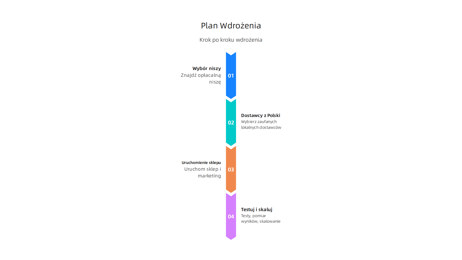 Infografika przedstawia cztery kroki do wdrożenia strategii Sinsay w dropshippingu: wybór niszy, dostawcy, marketing, testowanie i skalowanie.